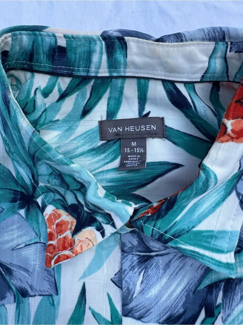 Van Heusen Short-Sleeve Tropical Print Shirt in Teal, Navy, and Coral